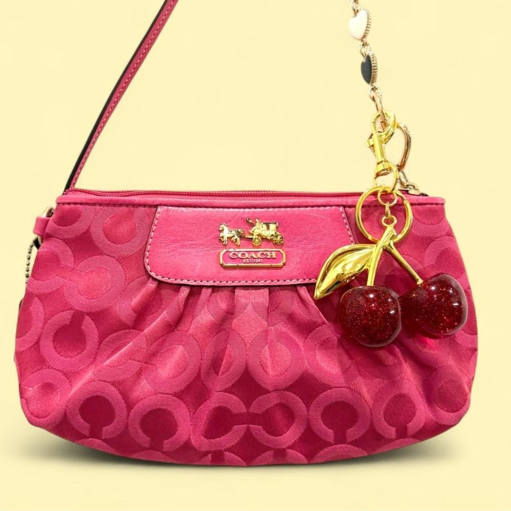 Coach Vintage Pink Signature Monogram Mini Wristlet Purse Y2K Pleated Bag